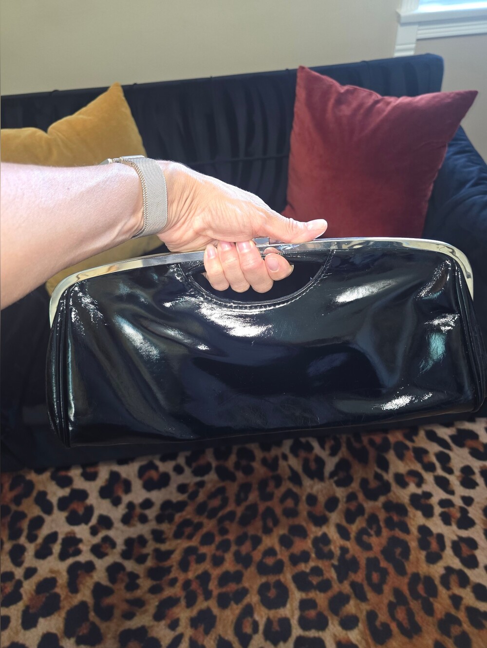 Large Black Patent Faux Leather Frame Clutch Handbag - NWOT